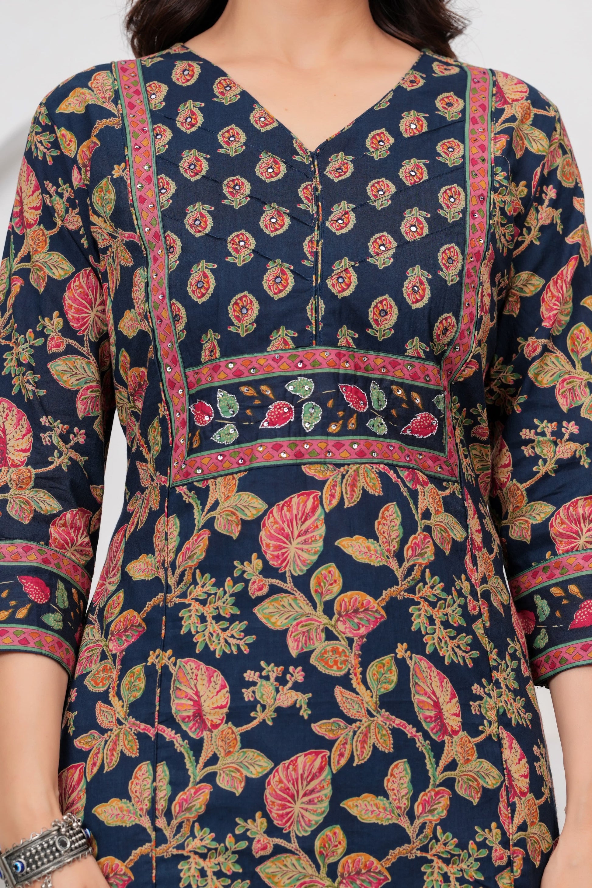 Navy Blue Jaipuri Printed Cotton Kurta Pant Set with Dupatta