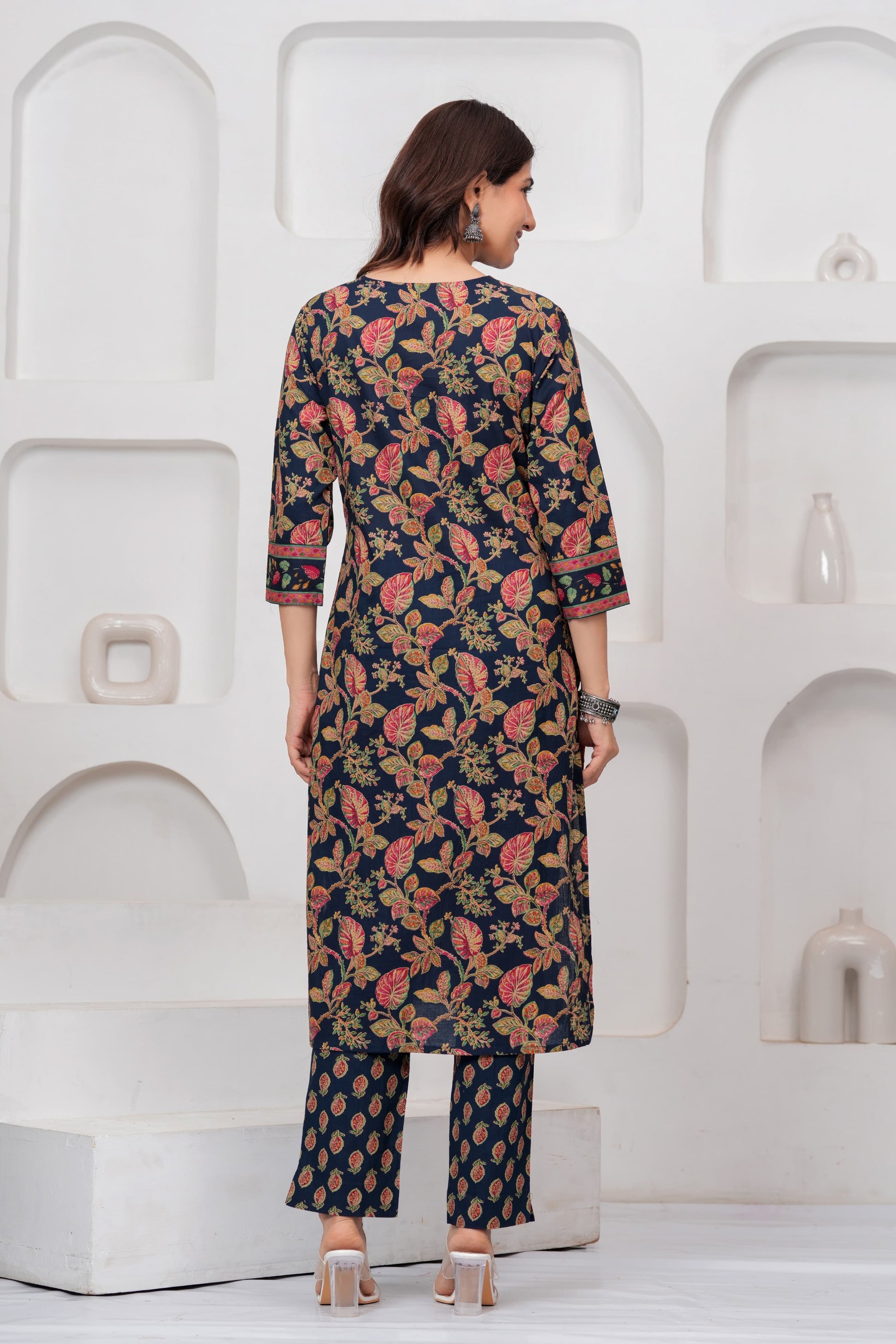  Navy Blue Jaipuri Printed Cotton Kurta Pant Set with Dupatta