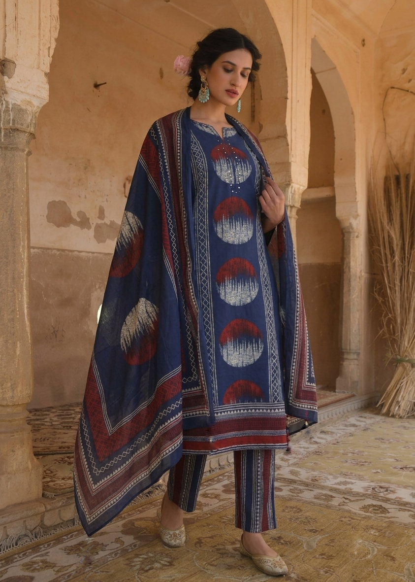 Nisha Navy Blue Pure Cotton Printed Kurta Pant Dupatta Set for Women | Handwork Cotton Ethnic Suit Set
