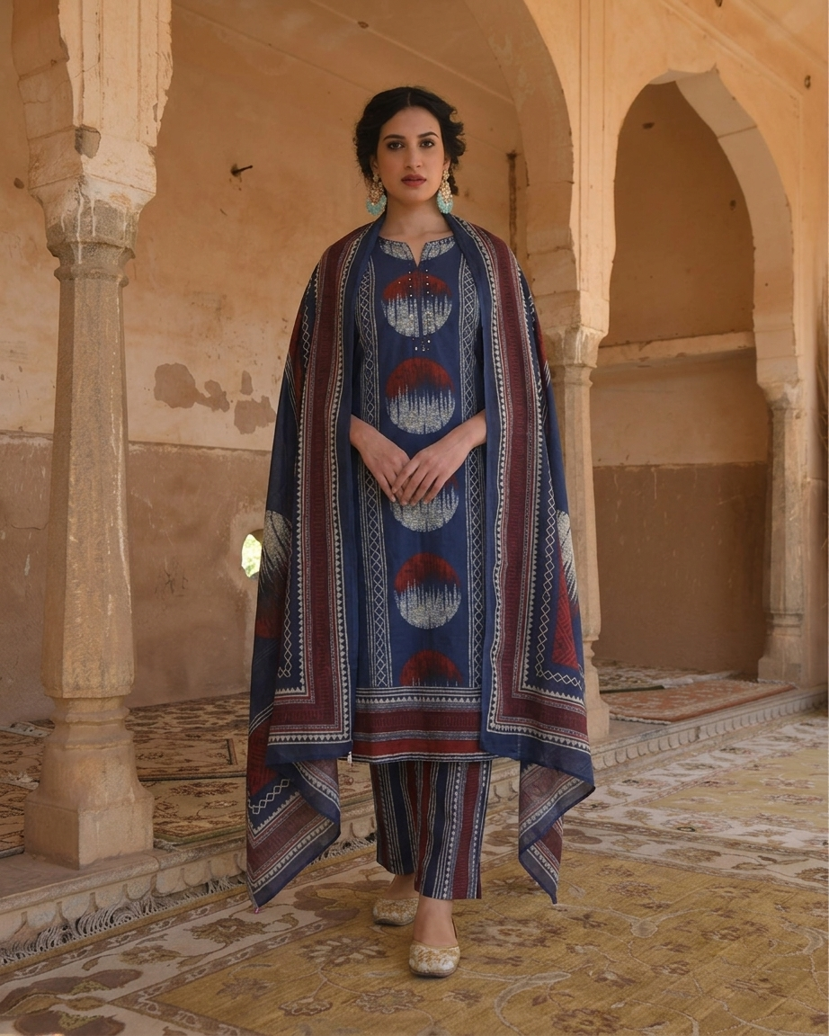 Nisha Navy Blue Pure Cotton Printed Kurta Pant Dupatta Set for Women | Handwork Cotton Ethnic Suit Set