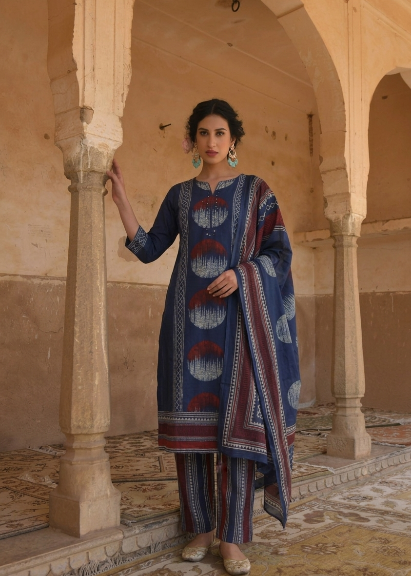 Nisha Navy Blue Pure Cotton Printed Kurta Pant Dupatta Set for Women | Handwork Cotton Ethnic Suit Set