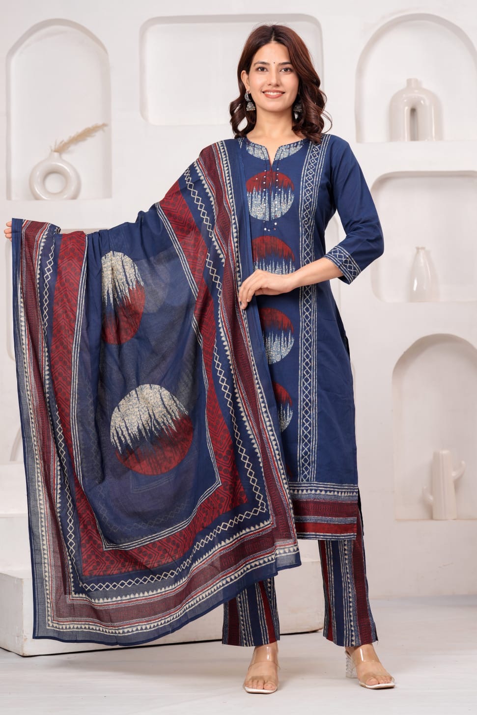 Nisha Navy Blue Pure Cotton Printed Kurta Pant Dupatta Set for Women | Handwork Cotton Ethnic Suit Set