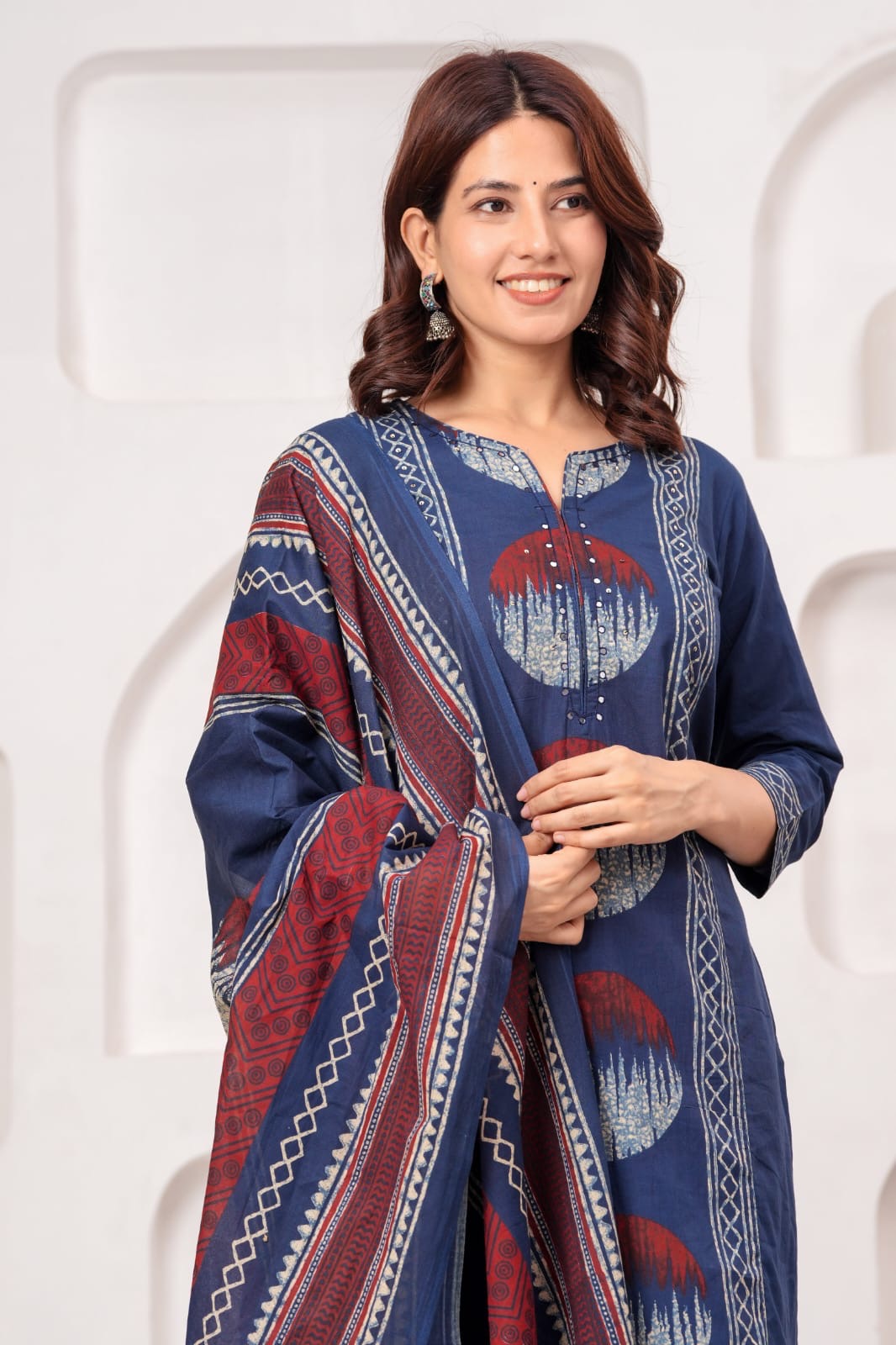 Nisha Navy Blue Pure Cotton Printed Kurta Pant Dupatta Set for Women | Handwork Cotton Ethnic Suit Set