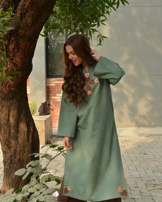 Olive Green Cotton Kurti Pant Set for Women with Heart Embroidery