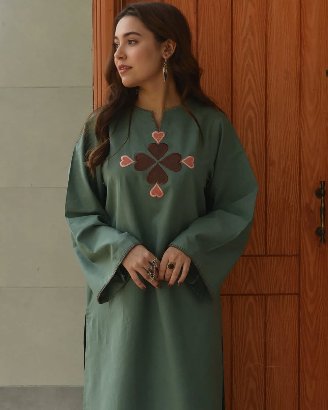 Olive Green Cotton Kurti Pant Set for Women with Heart Embroidery