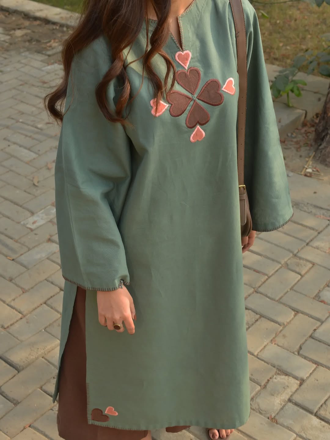 Olive Green Cotton Kurti Pant Set for Women with Heart Embroidery