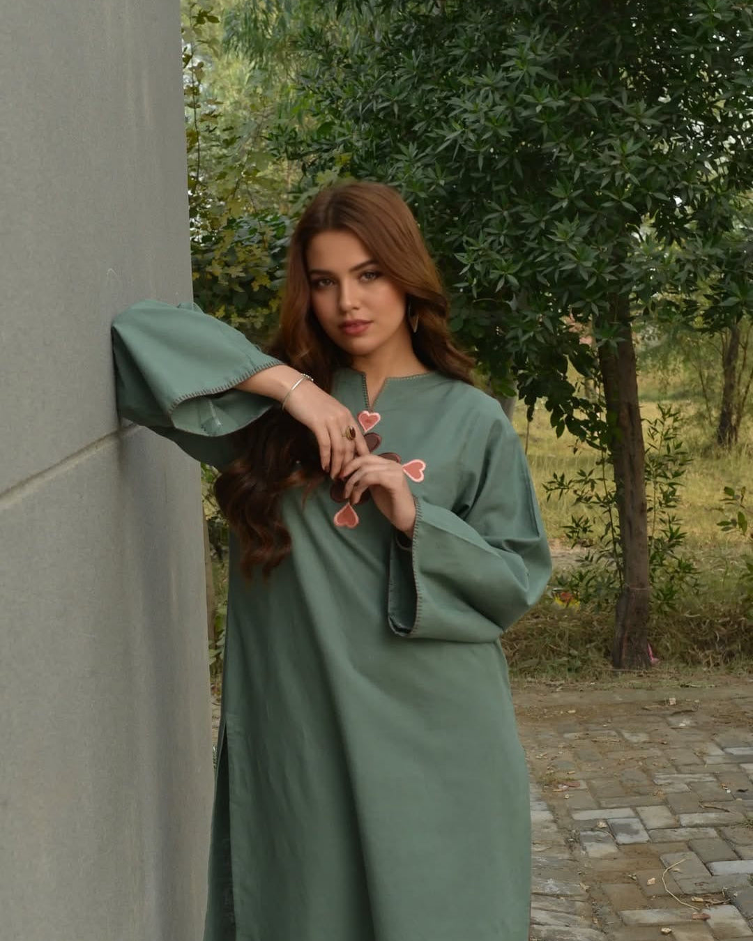 Olive Green Cotton Kurti Pant Set for Women with Heart Embroidery