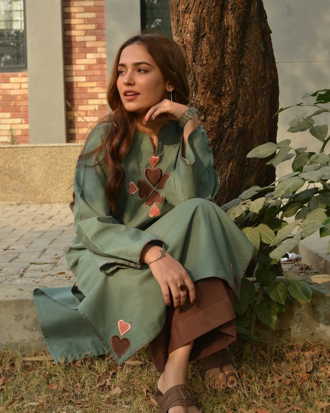 Olive Green Cotton Kurti Pant Set for Women with Heart Embroidery