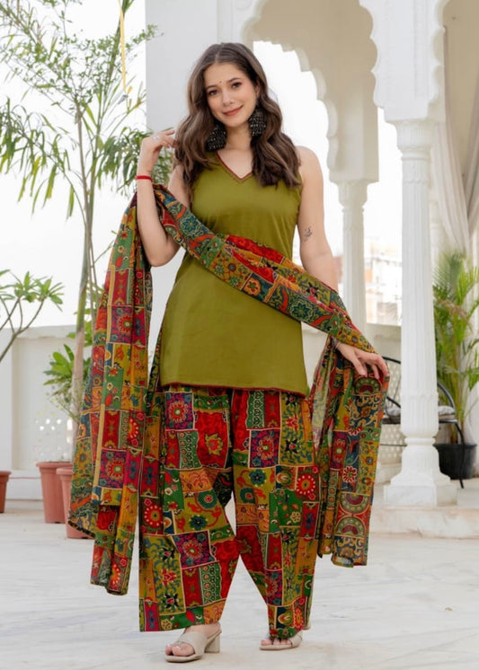 Olive Green Multicolor Farshi Suit Set with Sleeveless Kurta, Printed Farshi Pants & Mulmul Cotton Dupatta