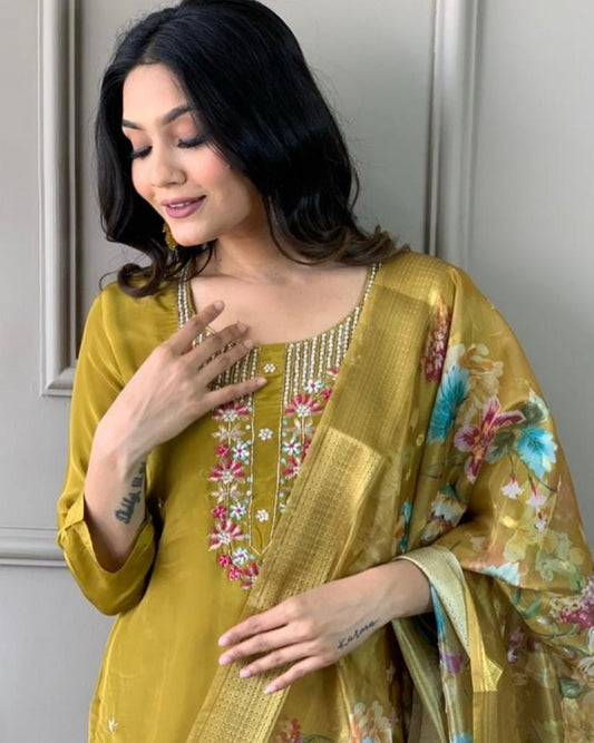  Olive Green Roman Silk Kurta Pant Set with Jacquard Dupatta