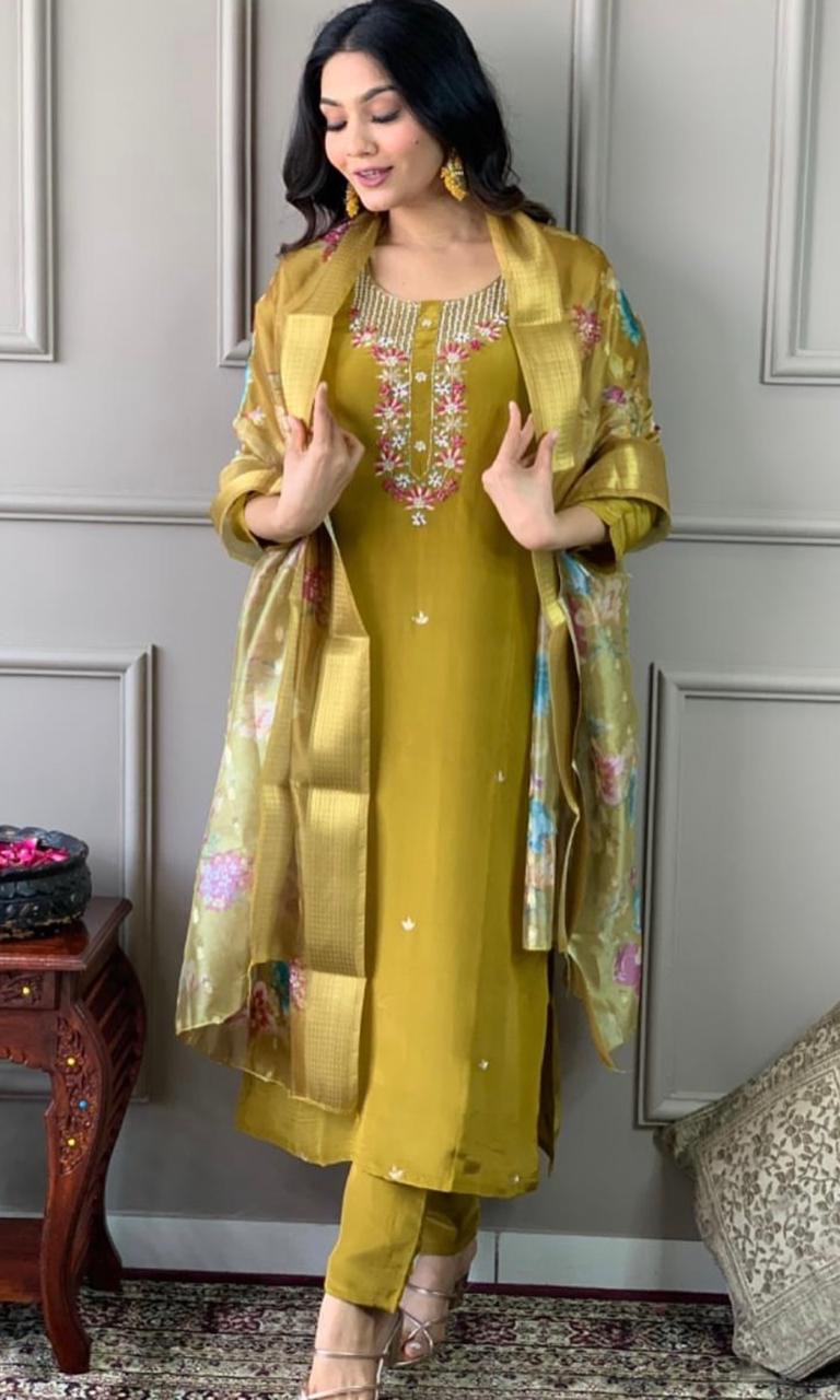  Olive Green Roman Silk Kurta Pant Set with Jacquard Dupatta
