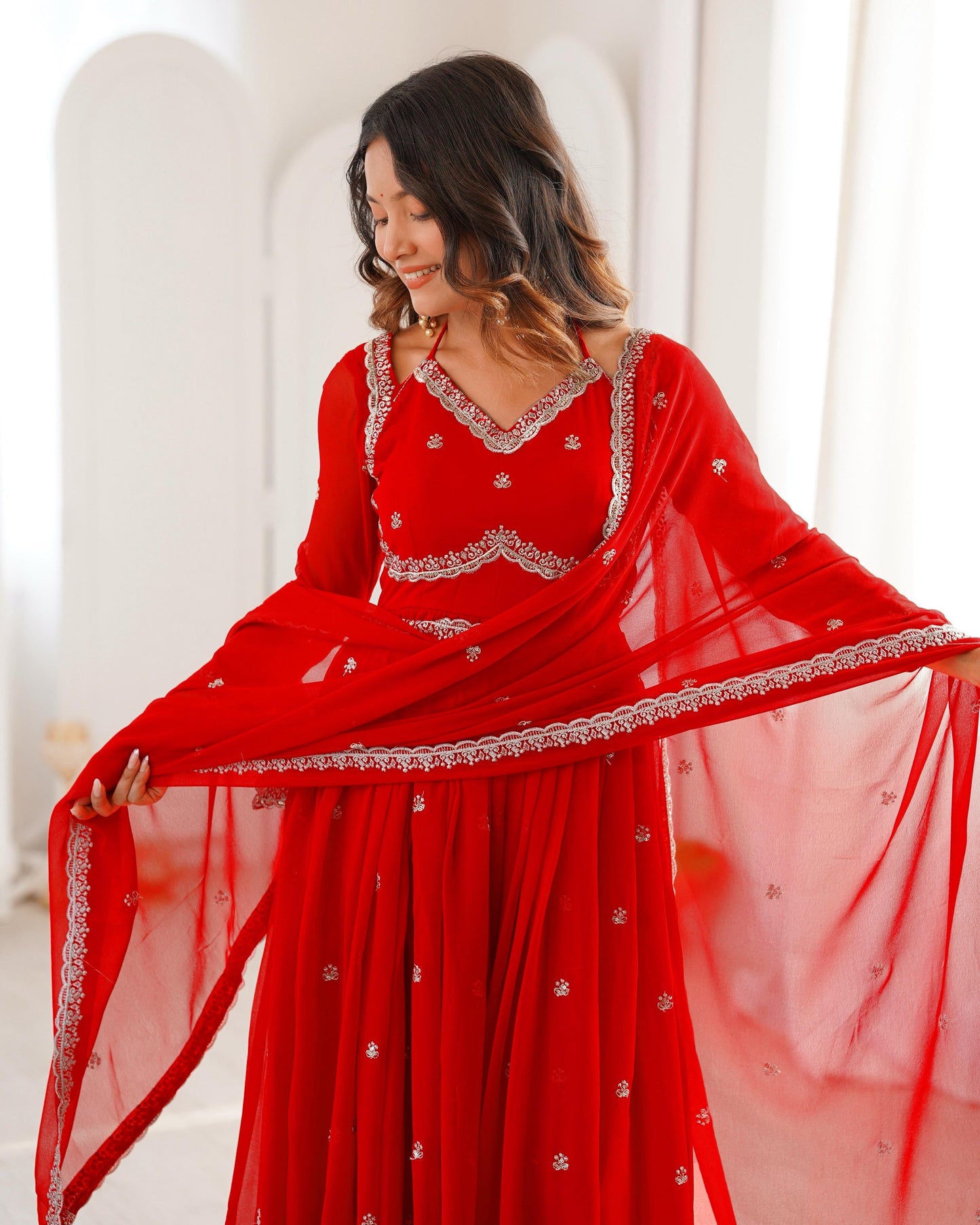 Viral Apsara red suit set front view
Premium red slit anarkali dress
Red embroidered suit set online India
Red suit set fashion trend 2025
Sai’li viral outfit red anarkali

