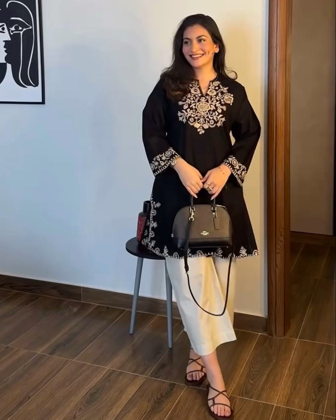 Pure cotton black kurta with hand embroidery neckline and sleeves