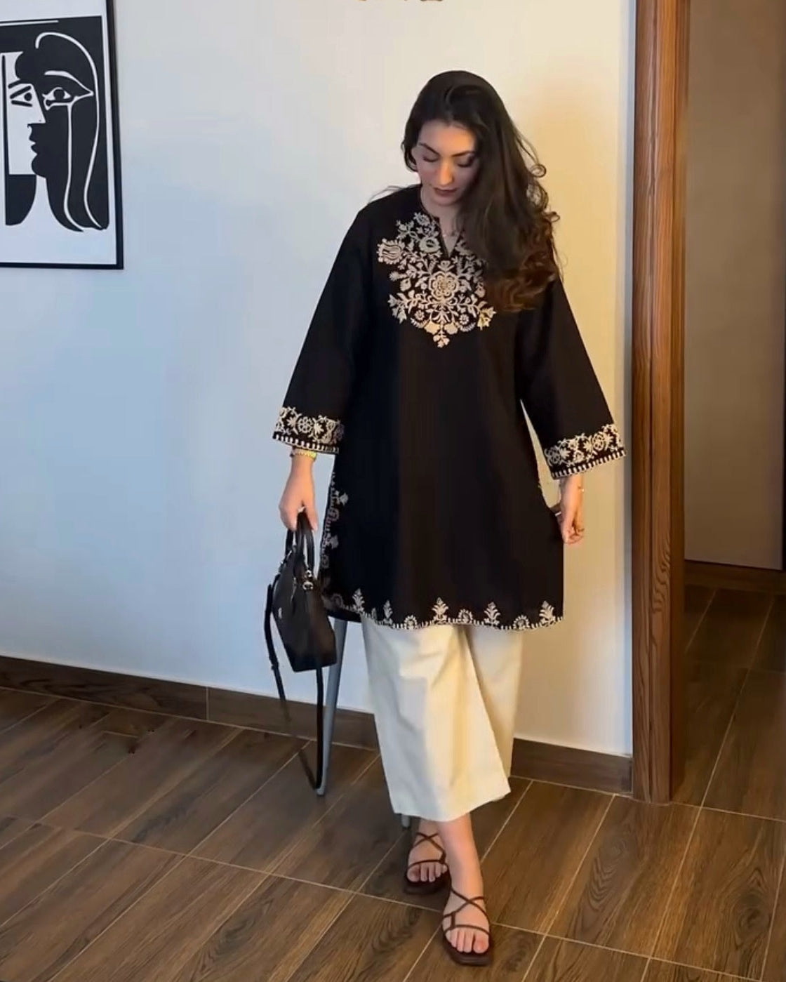 Pure cotton black kurta with hand embroidery neckline and sleeves