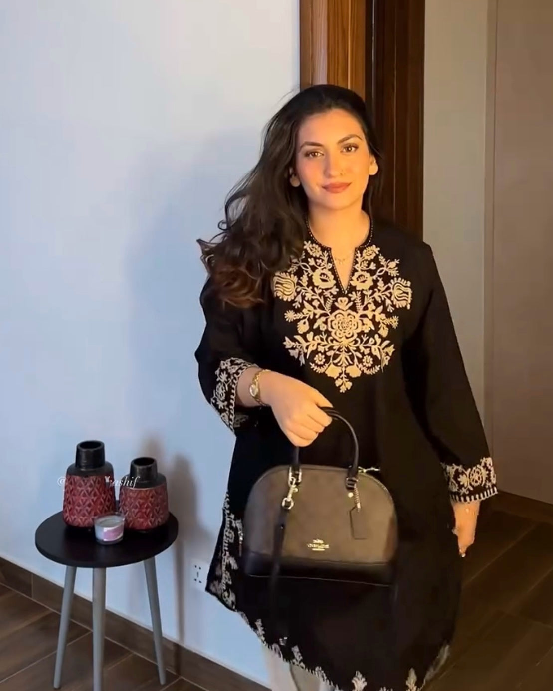 Pure cotton black kurta with hand embroidery neckline and sleeves