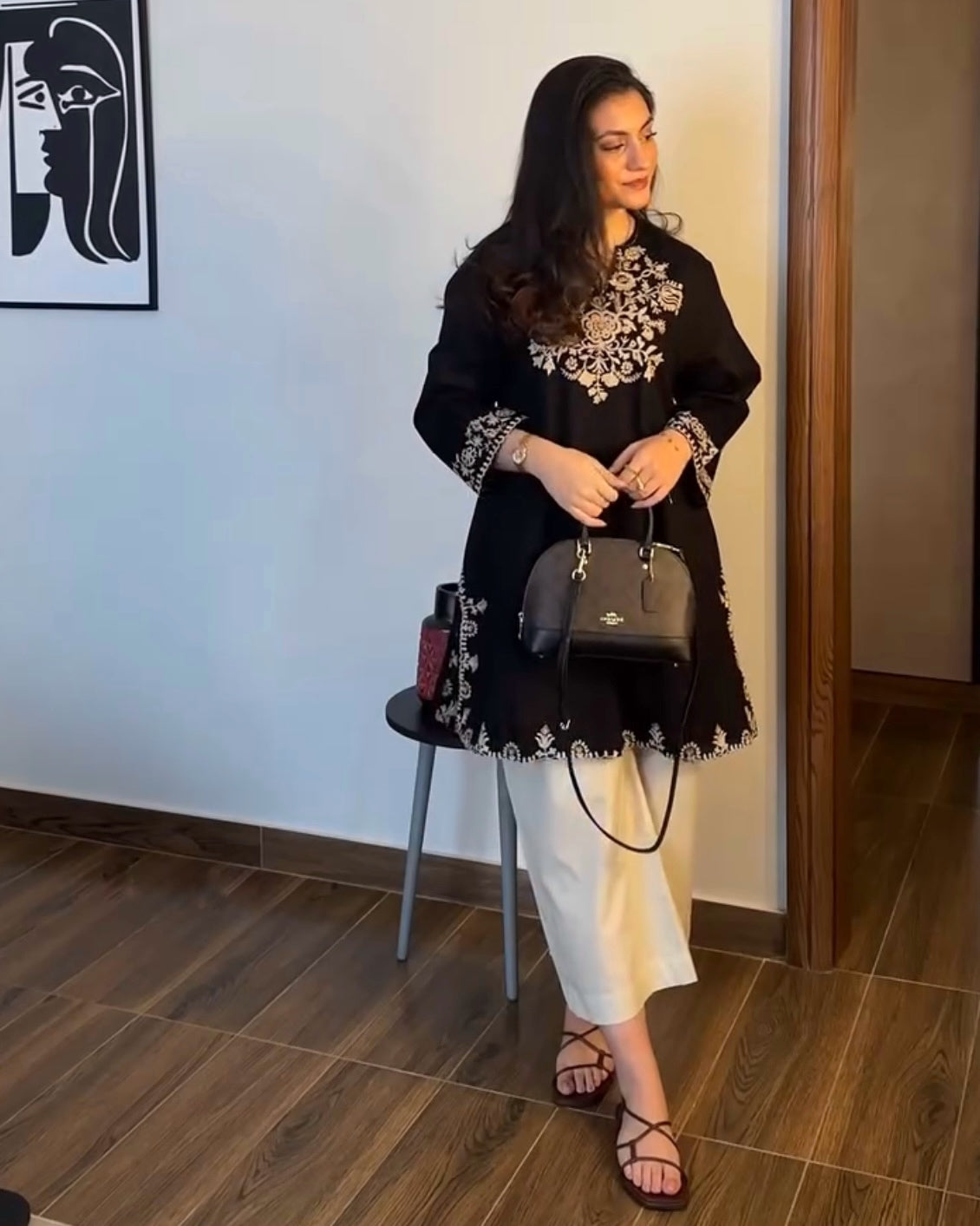 Pure cotton black kurta with hand embroidery neckline and sleeves