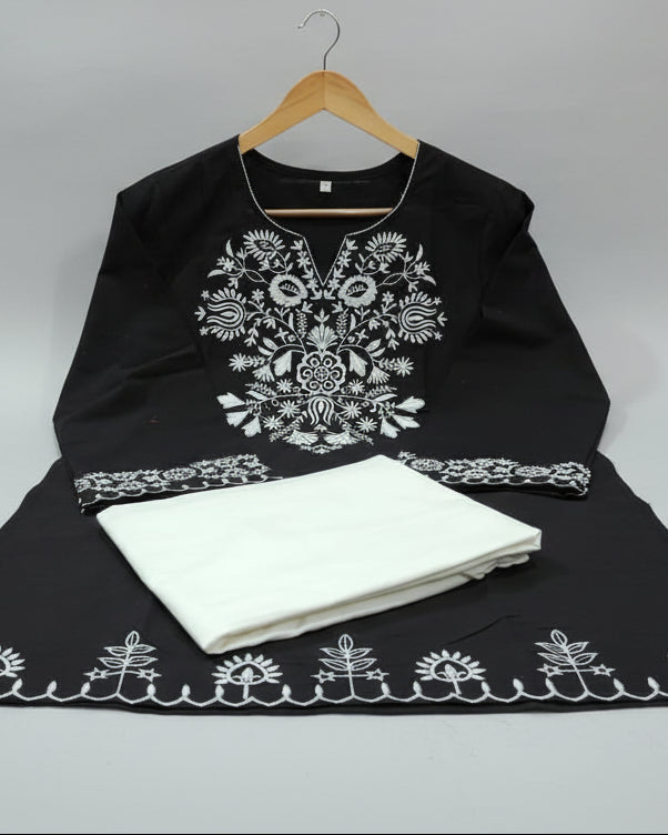 Pure cotton black kurta with hand embroidery neckline and sleeves