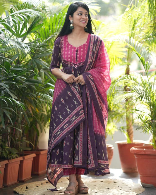  Purple Cotton Anarkali Kurta Pant Set with Malmal Dupatta