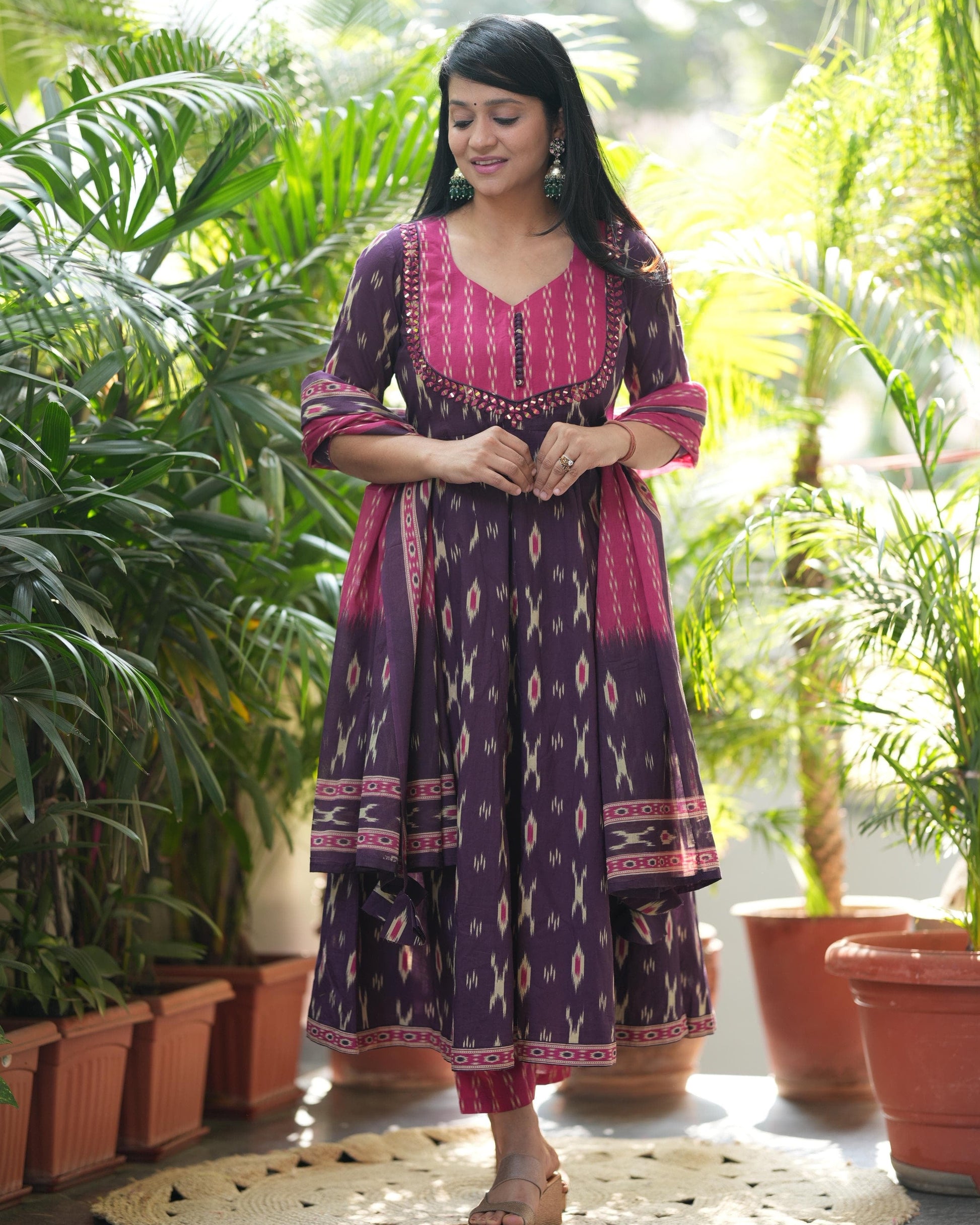  Purple Cotton Anarkali Kurta Pant Set with Malmal Dupatta