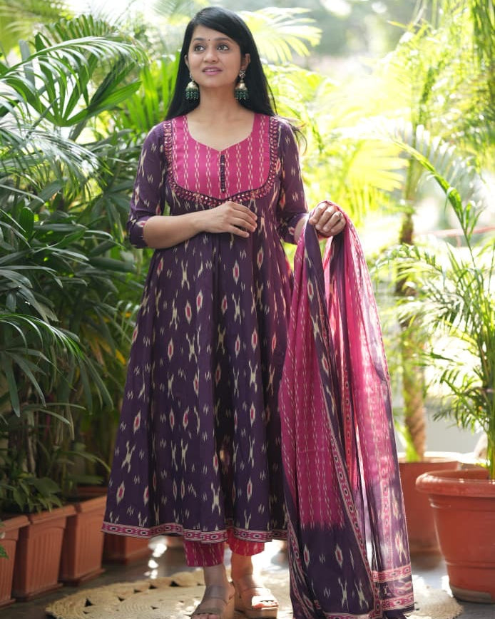  Purple Cotton Anarkali Kurta Pant Set with Malmal Dupatta
