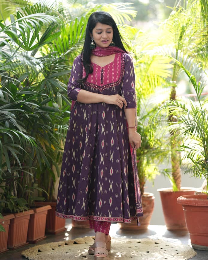  Purple Cotton Anarkali Kurta Pant Set with Malmal Dupatta