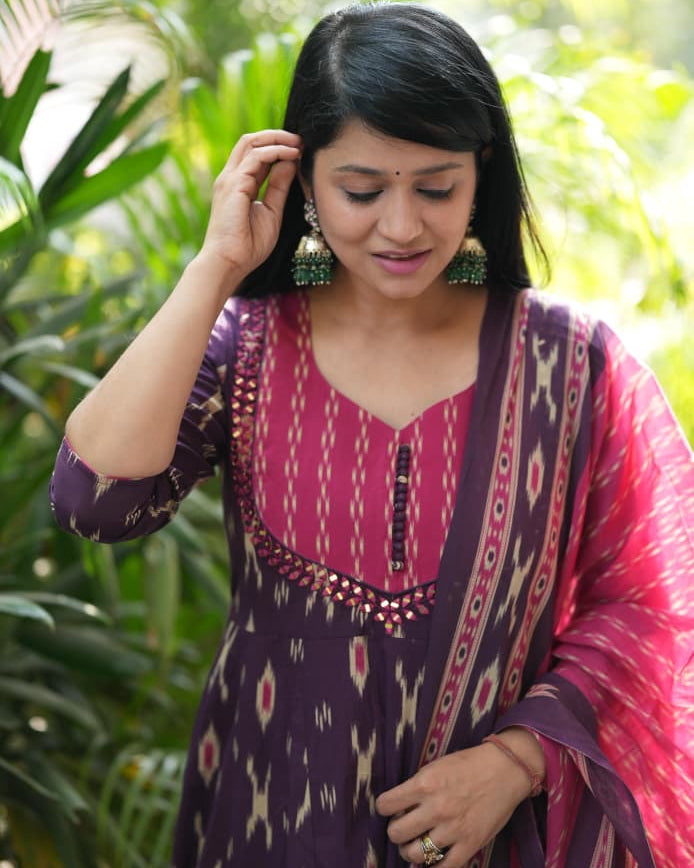  Purple Cotton Anarkali Kurta Pant Set with Malmal Dupatta