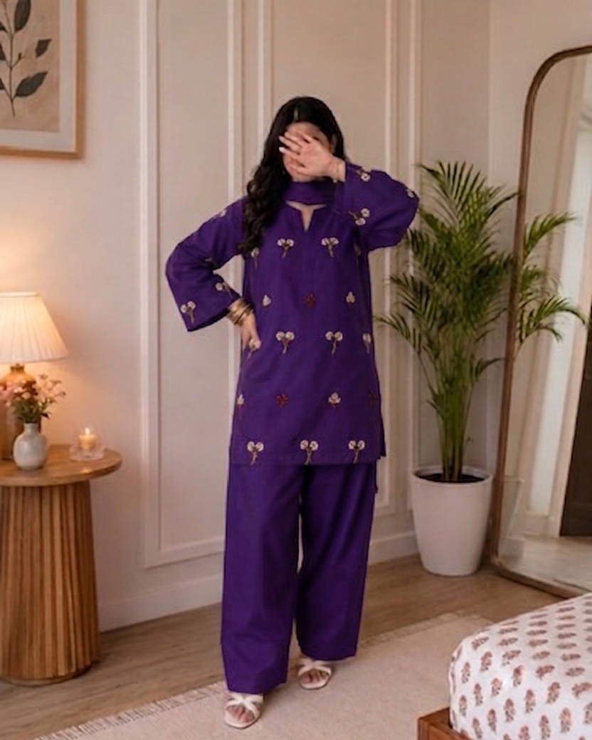 Purple Embroidered Farshi Salwar Suit Set for Women | Pure Cotton Kurta with Mulmul Dupatta | Festive Ethnic Wear