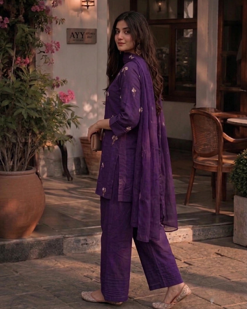 Purple Embroidered Farshi Salwar Suit Set for Women | Pure Cotton Kurta with Mulmul Dupatta | Festive Ethnic Wear