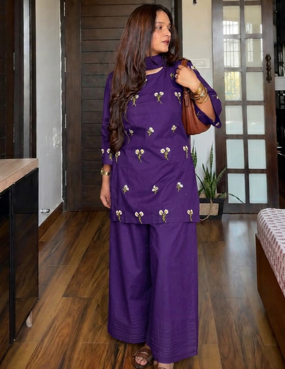 Purple Embroidered Farshi Salwar Suit Set for Women | Pure Cotton Kurta with Mulmul Dupatta | Festive Ethnic Wear
