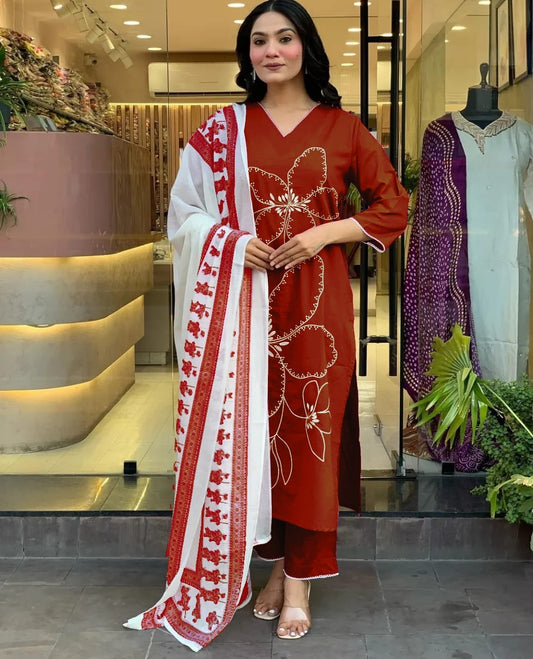 Red Cotton Embroidered Straight Kurta Pant Set with Dupatta