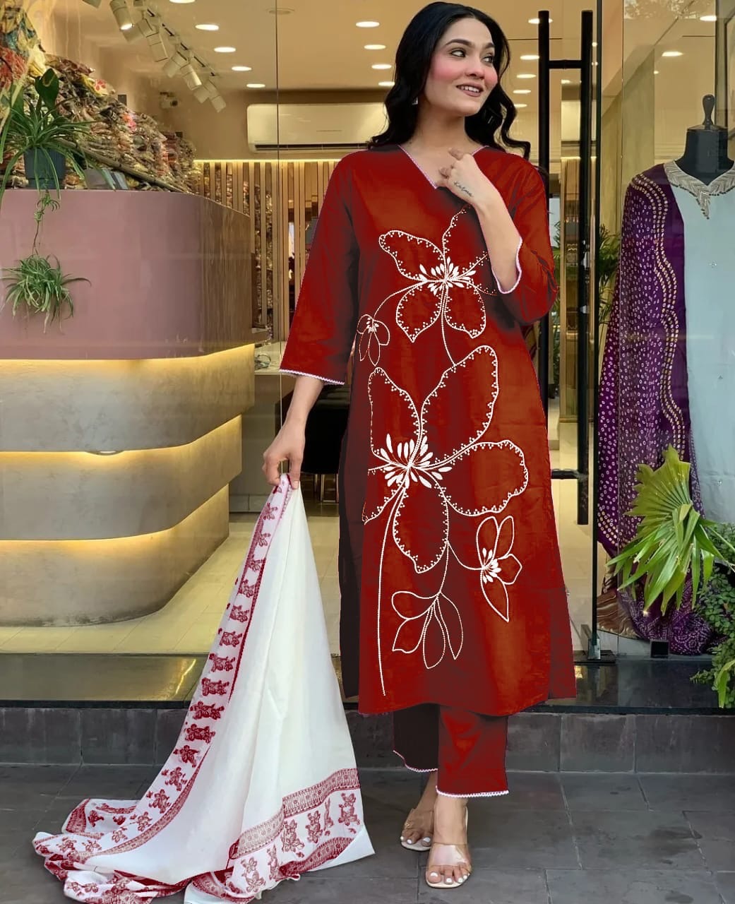 Red Cotton Embroidered Straight Kurta Pant Set with Dupatta