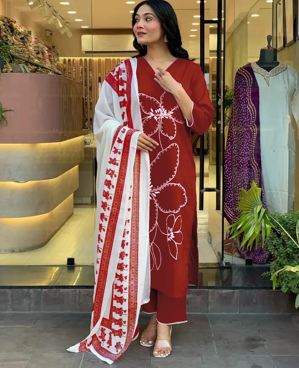 Red Cotton Embroidered Straight Kurta Pant Set with Dupatta