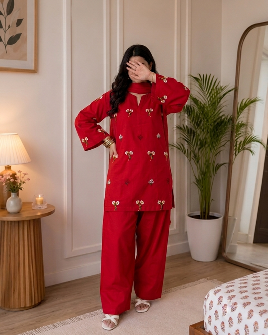 Red Embroidered Farshi Salwar Suit Set for Women |
