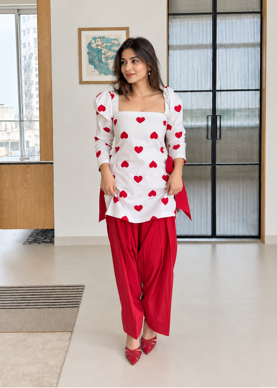 Red & White Heart Print Farshi Co-Ord Set with Puff Sleeves, Bow Detail & Pure Cotton Farshi Salwar