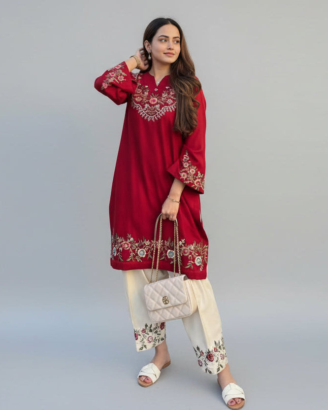 Red pure cotton embroidered kurta palazzo set for women
