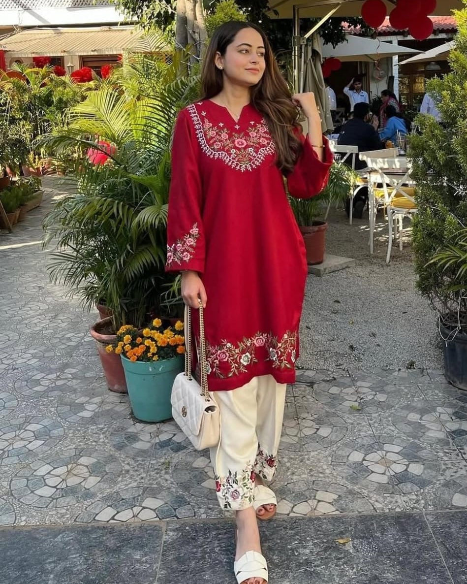 Red pure cotton embroidered kurta palazzo set for women
