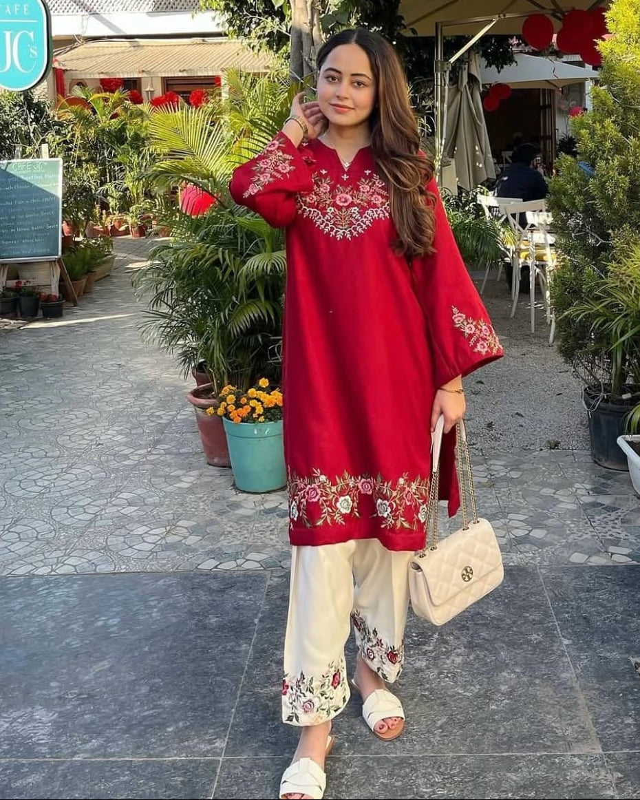 Red pure cotton embroidered kurta palazzo set for women
