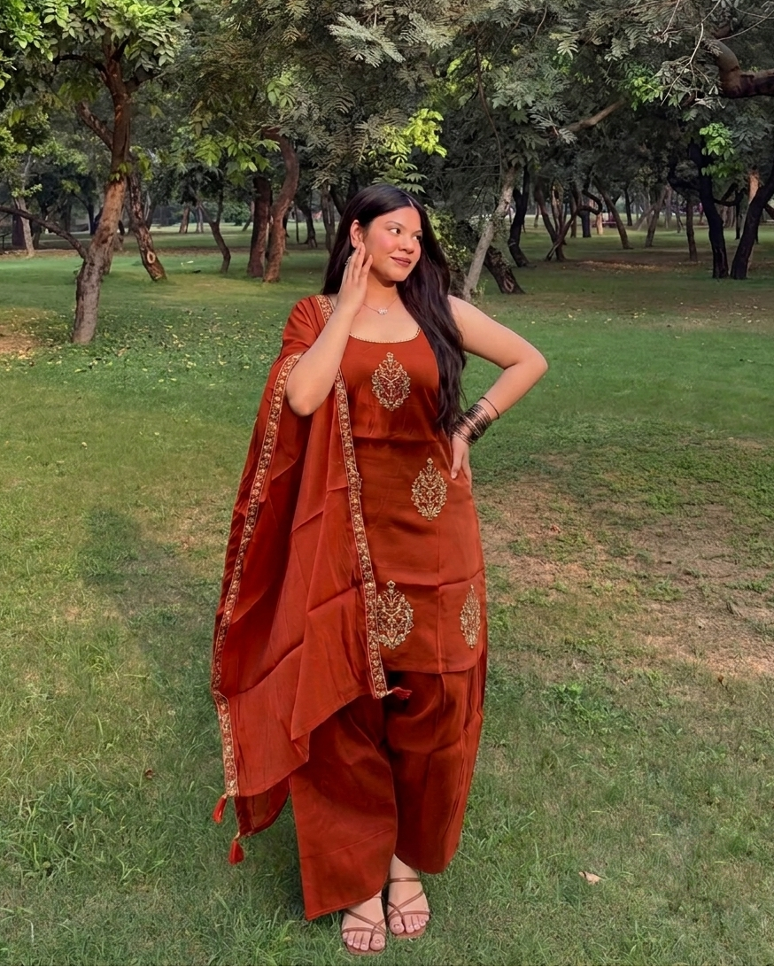 Rust Embroidered Cotton Farshi Salwar Suit Set with Mul Cotton Dupatta 