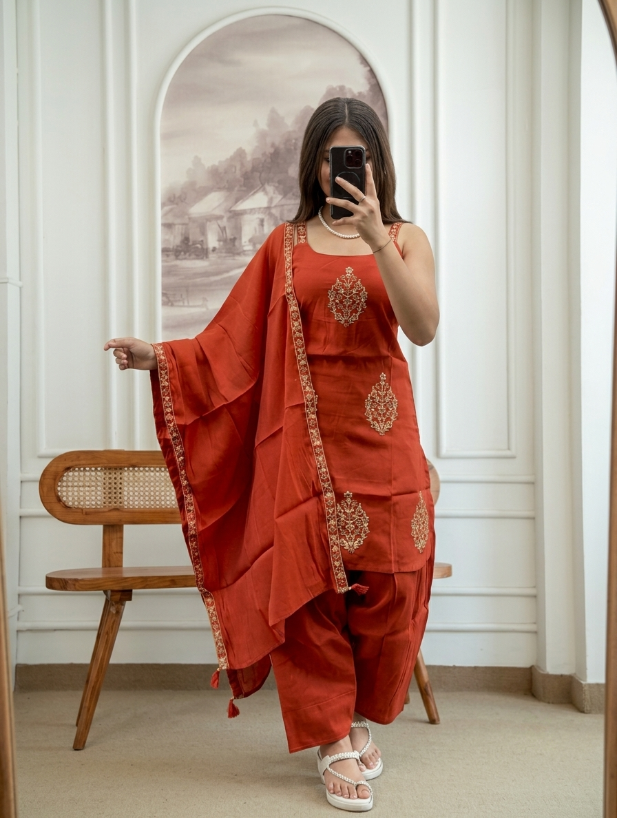 Rust Embroidered Cotton Farshi Salwar Suit Set with Mul Cotton Dupatta 
