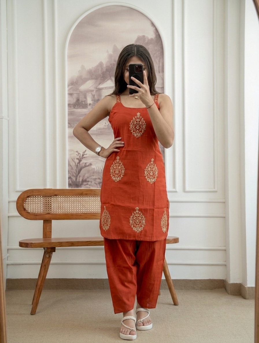 Rust Embroidered Cotton Farshi Salwar Suit Set with Mul Cotton Dupatta 