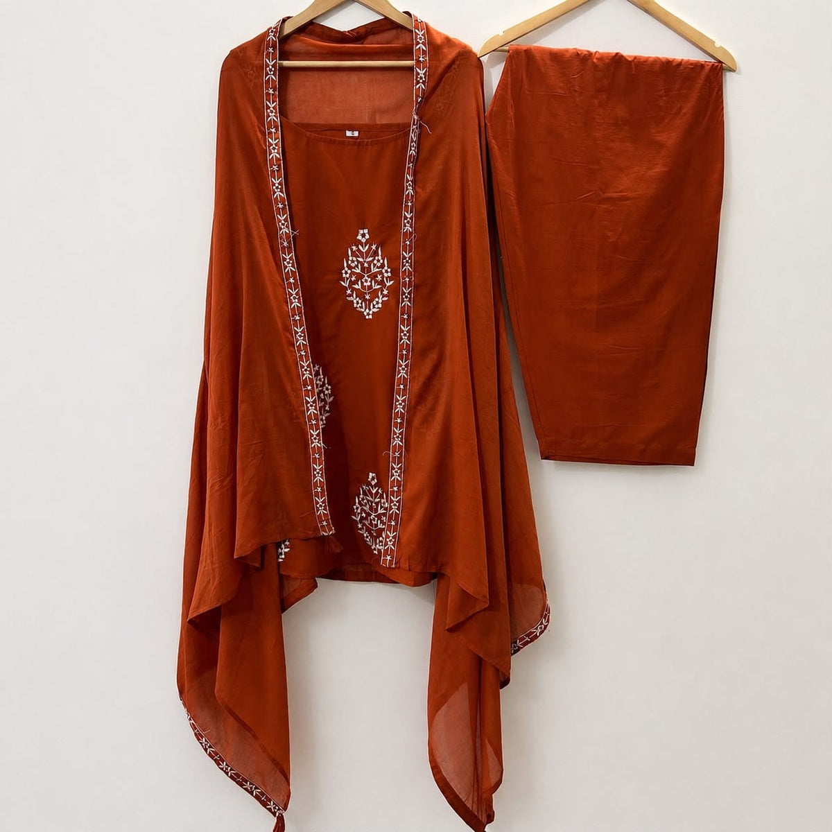Rust Embroidered Cotton Farshi Salwar Suit Set with Mul Cotton Dupatta 