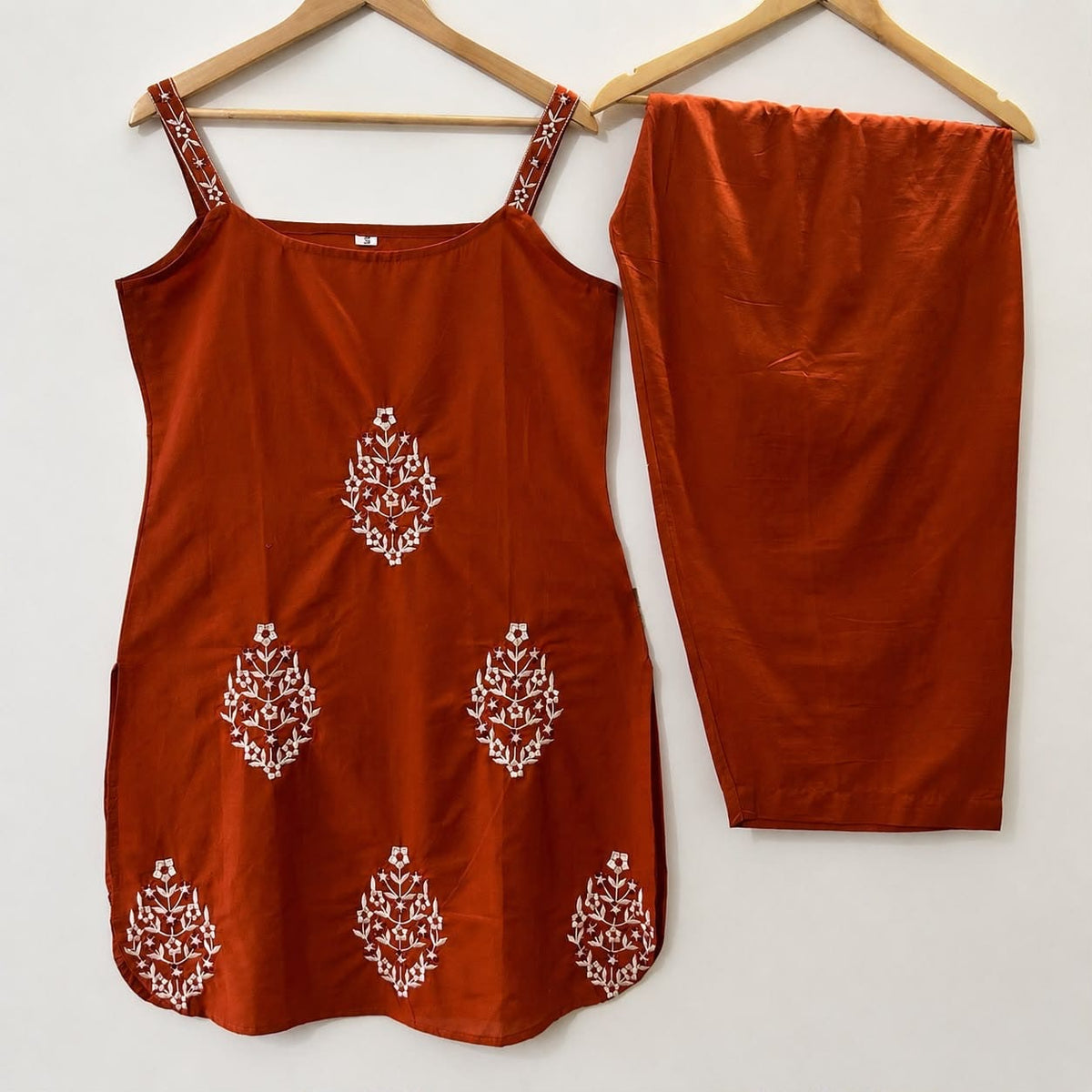 Rust Embroidered Cotton Farshi Salwar Suit Set with Mul Cotton Dupatta 