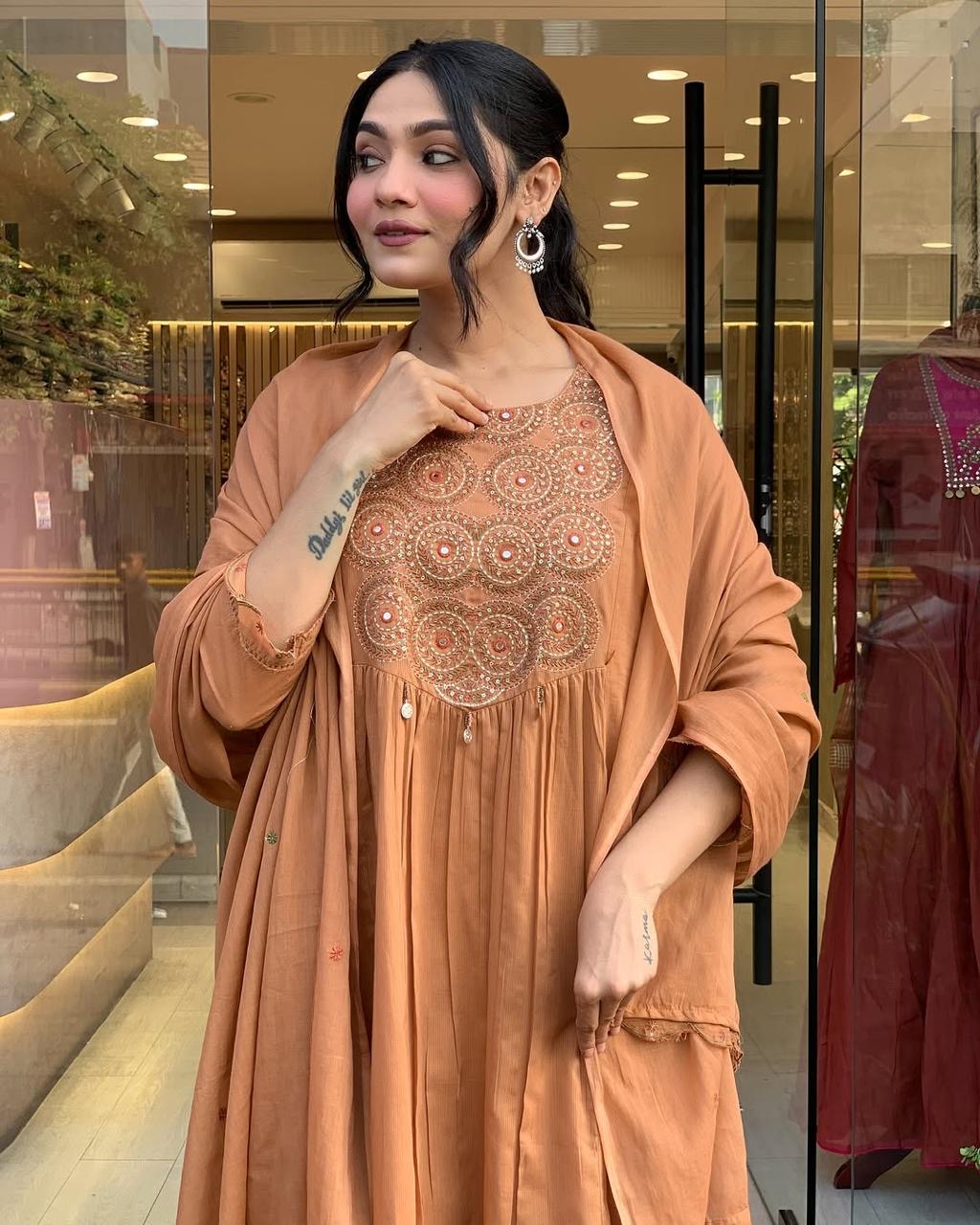 Rust Orange Cotton Anarkali Kurta Pant Set with Dupatta