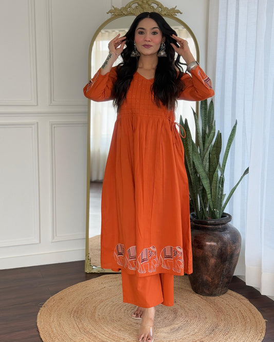 Rust Orange Cotton Anarkali Kurta Pant Set