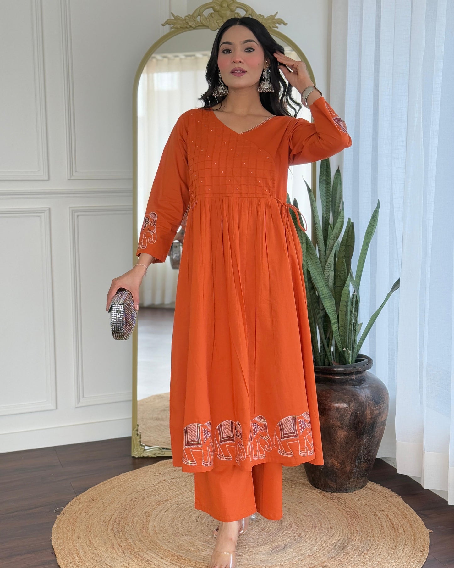 Rust Orange Cotton Anarkali Kurta Pant Set