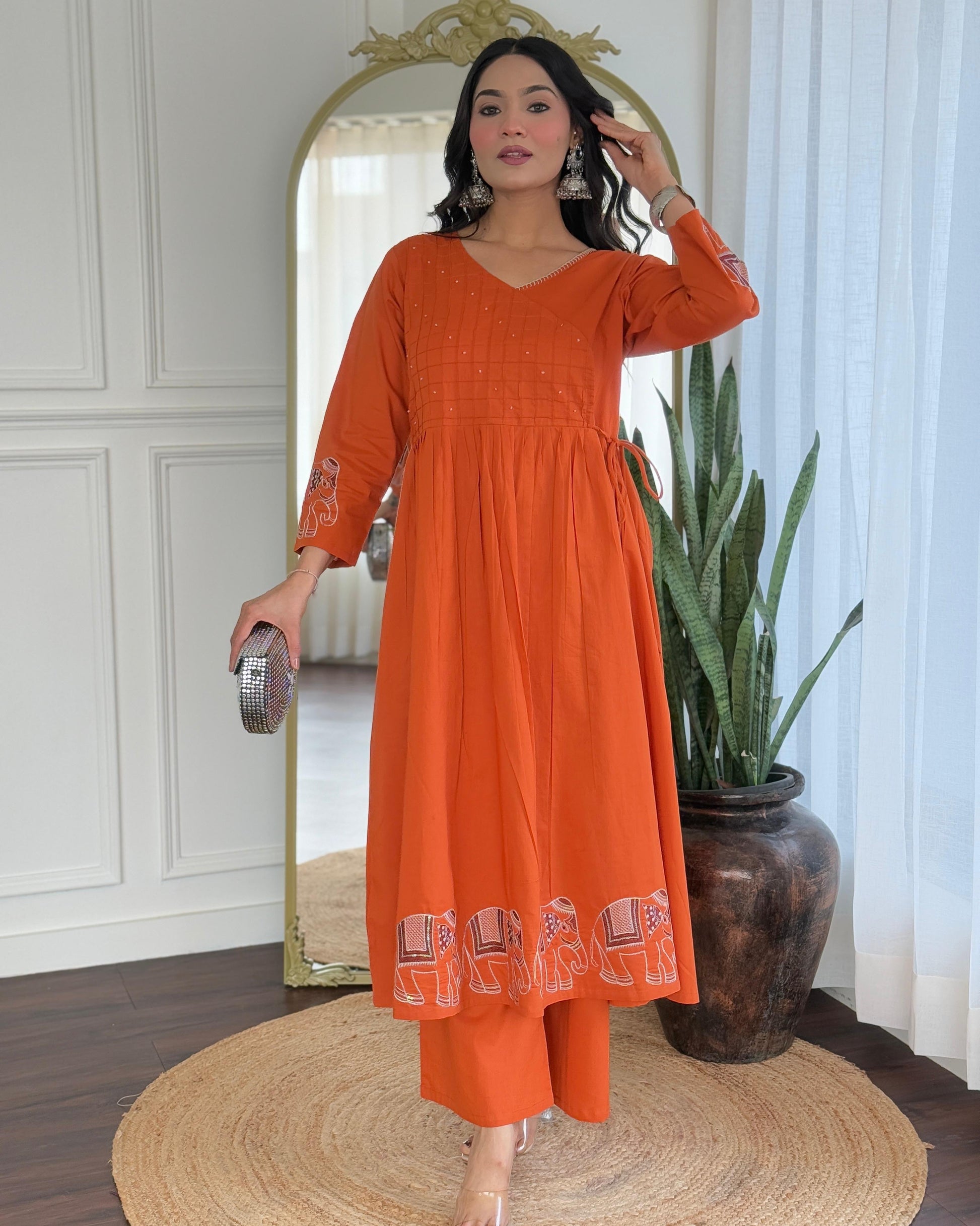 Rust Orange Cotton Anarkali Kurta Pant Set