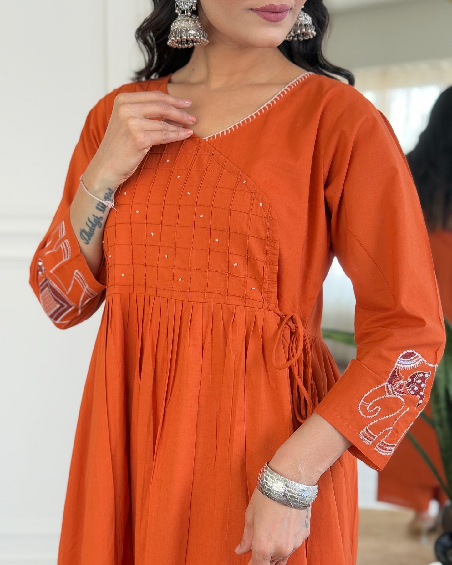 Rust Orange Cotton Anarkali Kurta Pant Set