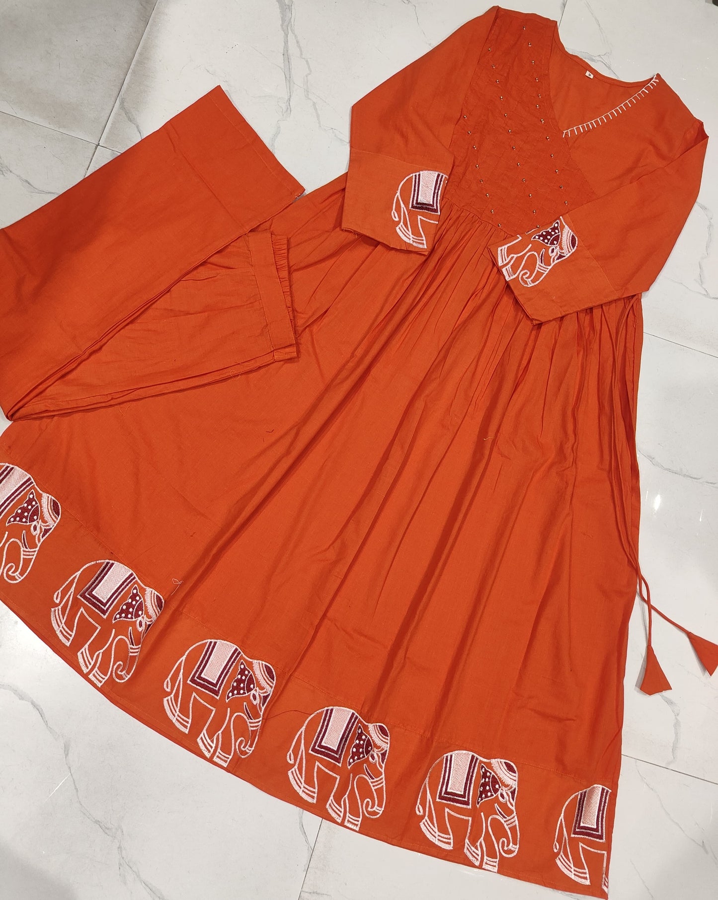 Rust Orange Cotton Anarkali Kurta Pant Set