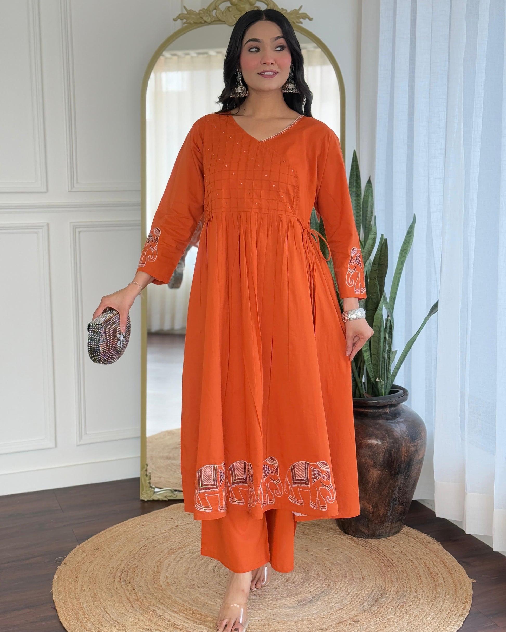 Rust Orange Cotton Anarkali Kurta Pant Set