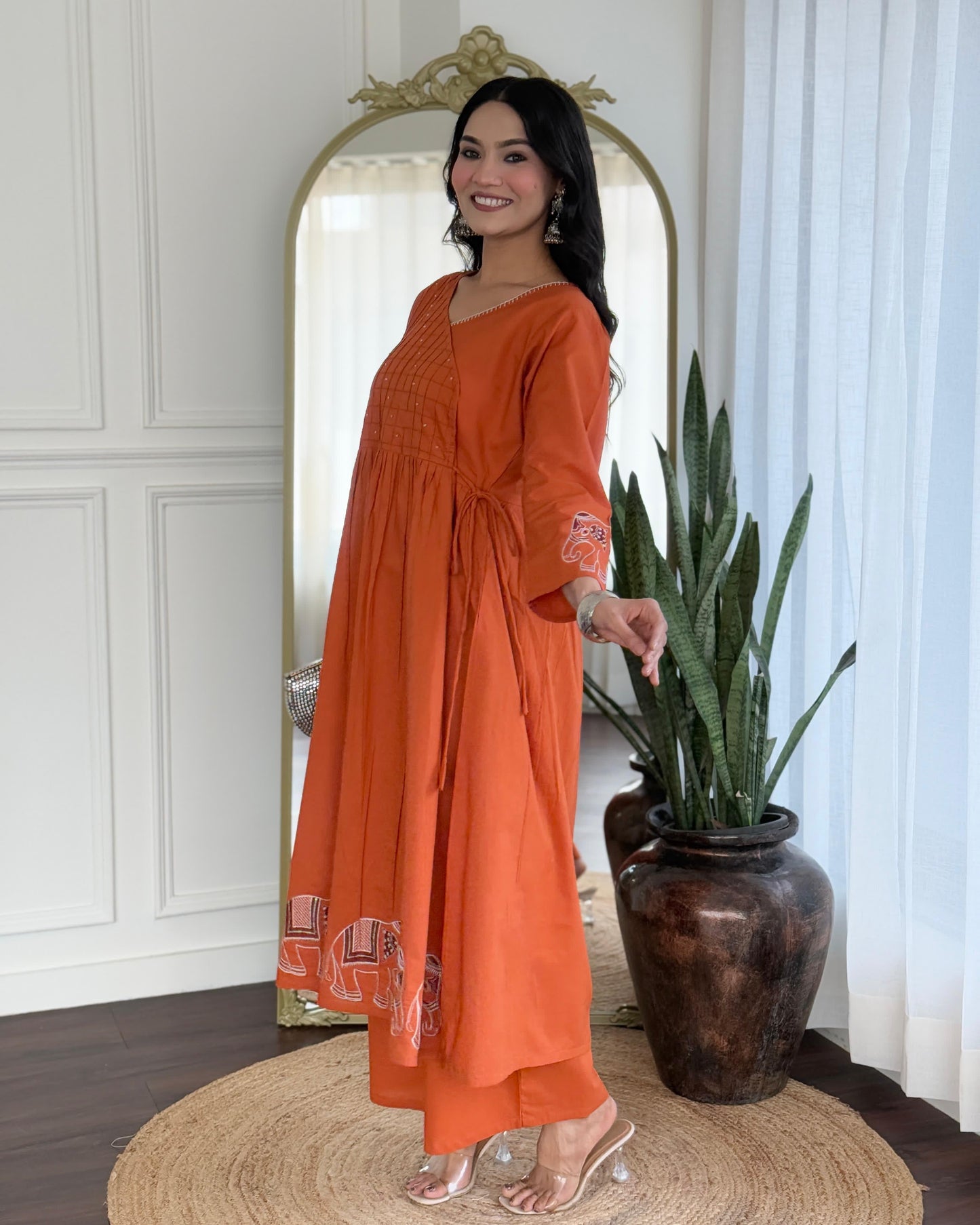 Rust Orange Cotton Anarkali Kurta Pant Set